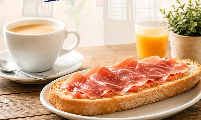 Tostada de jamón con tomate, café con leche y zumo de naranja servidos en El Hogar