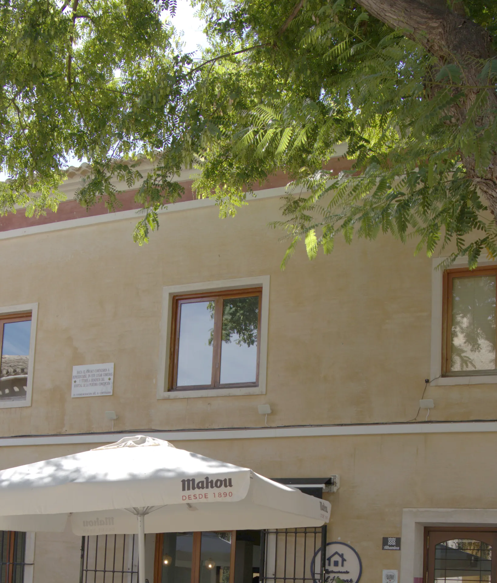 Fachada del Restaurante El Hogar en la Plaza del Hospital de Mula, con la sombrilla de la terraza y el rótulo del local bajo un árbol
